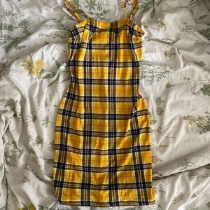 Mustard yellow plaid bodycon dress with spaghetti straps